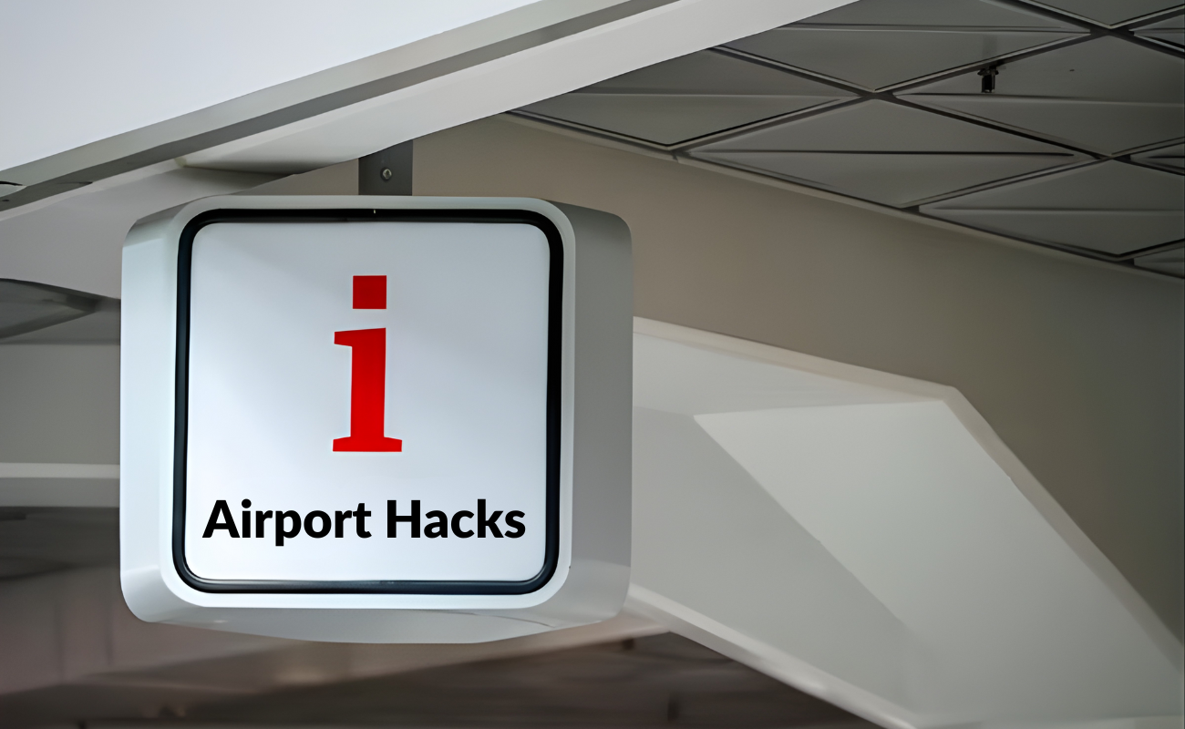 Traveler inside a modern airport terminal near departure gates, illustrating airport hacks that help save time, reduce stress, and move through airports faster.