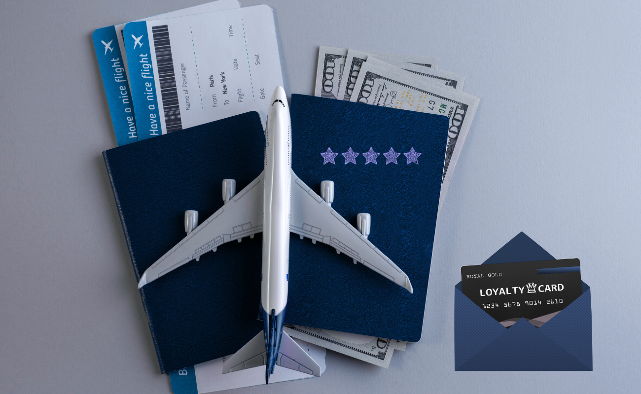 Model airplane placed over two passports with boarding passes and US dollar bills, symbolizing airline travel, loyalty programs, and flight-related expenses.
