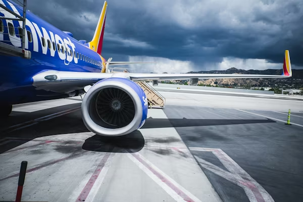 Close-up of a Southwest Airlines jet engine parked on the airport tarmac under a stormy sky