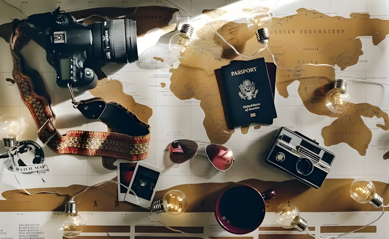 Flat-lay travel essentials on a world map passport, cameras, and string lights representing travel insurance planning for international trips.