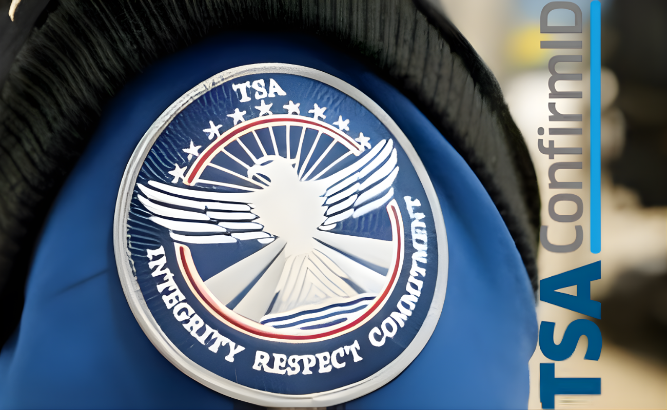 Close-up of TSA uniform badge emphasizing integrity and commitment, with "TSA ConfirmID" overlay related to new identity verification fee.