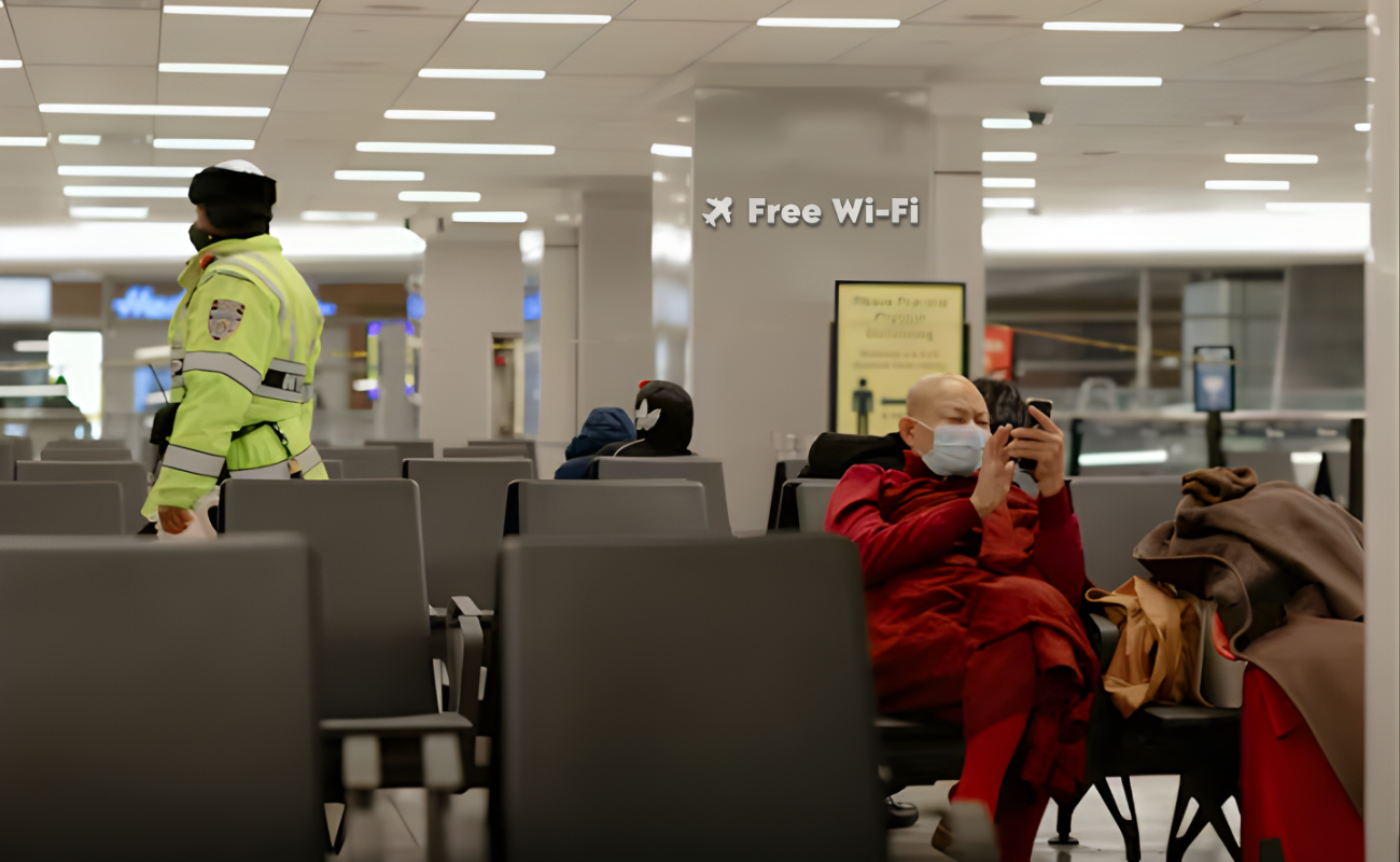 Airport waiting area with passengers using free Airport Wi-Fi on devices during a delay.
