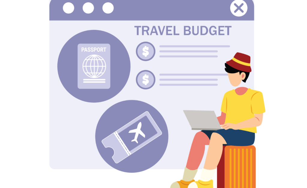 Illustration of a traveler planning a budget travel itinerary on a laptop