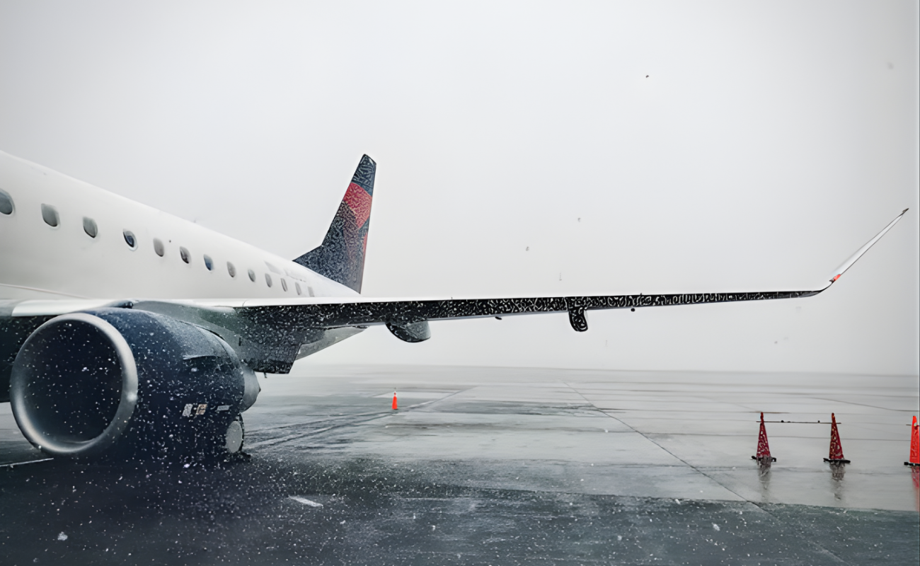 Delta airplane on snowy, wet tarmac in foggy weather, with ice on wing and engine, orange cones marking area illustrating weather related flight delays or cancellations.