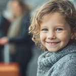 Smiling child standing in an airport terminal without ID with travelers in the background