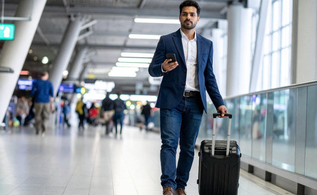 Traveler without an ID walking through an airport terminal with a carry-on suitcase and smartphone