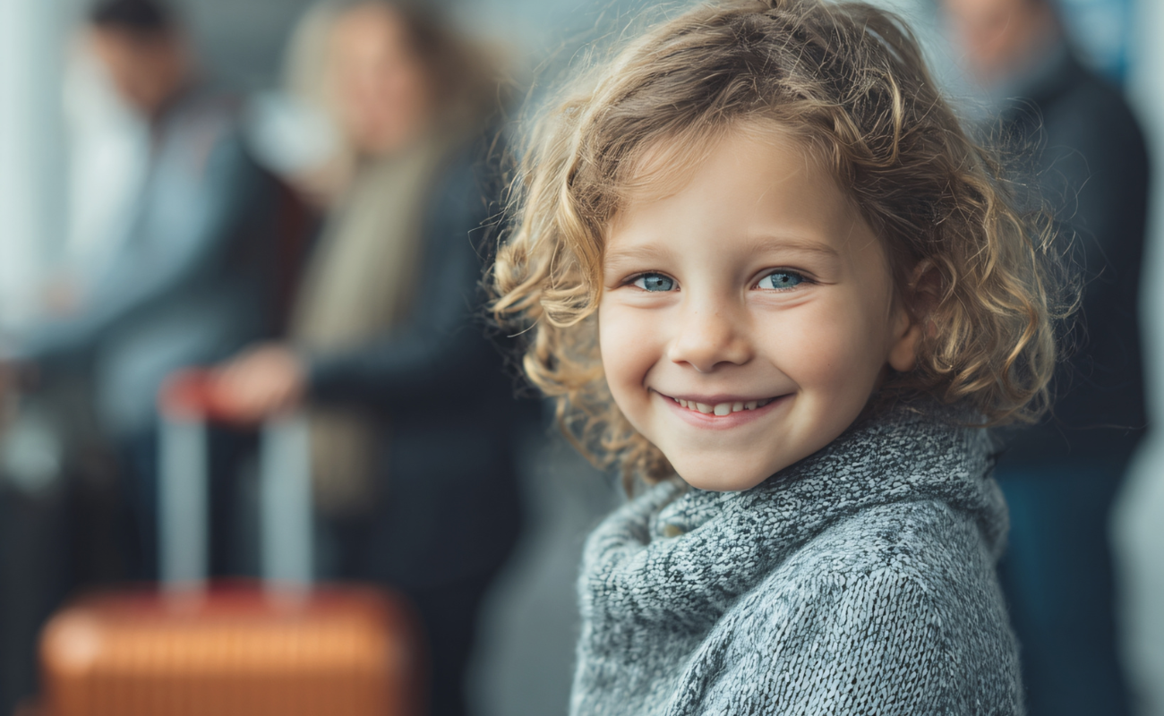 Smiling child standing in an airport terminal without ID with travelers in the background
