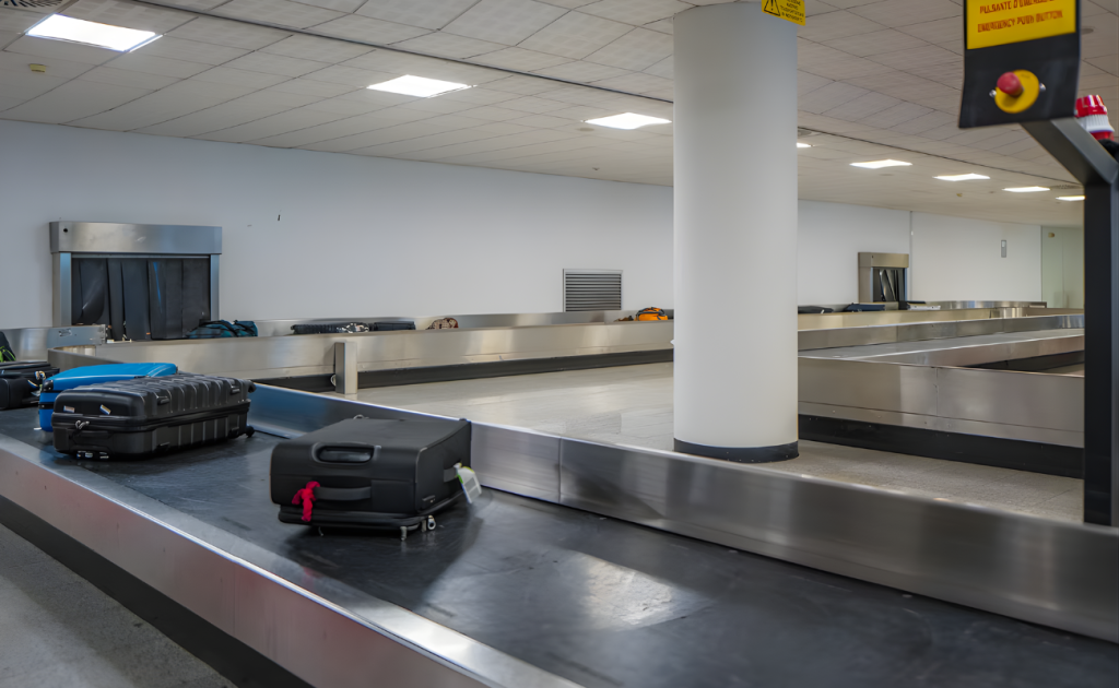 Empty airport baggage with lithium batteries claim area with only a few suitcases on the conveyor belt, highlighting lost or delayed luggage issues.