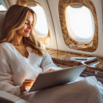 Passenger using a laptop while seated in a business class airline seat