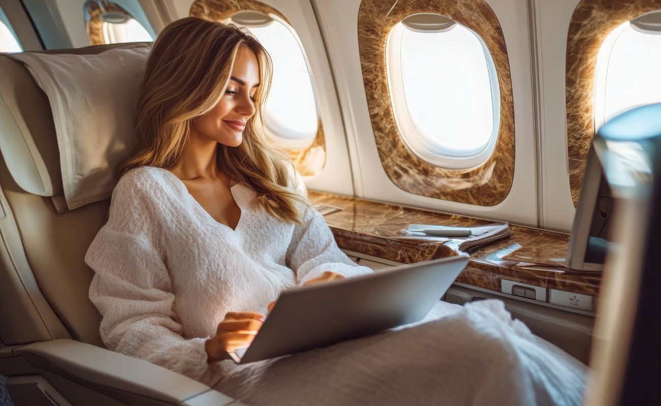 Passenger using a laptop while seated in a business class airline seat