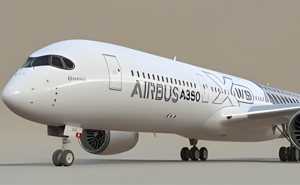 Airbus A350 in clean white livery on the ground, emphasizing its curved winglets, large engines, and smooth composite fuselage.