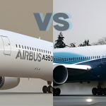 Boeing 787 Dreamliner on a wet runway under overcast skies, against Airbus A350.