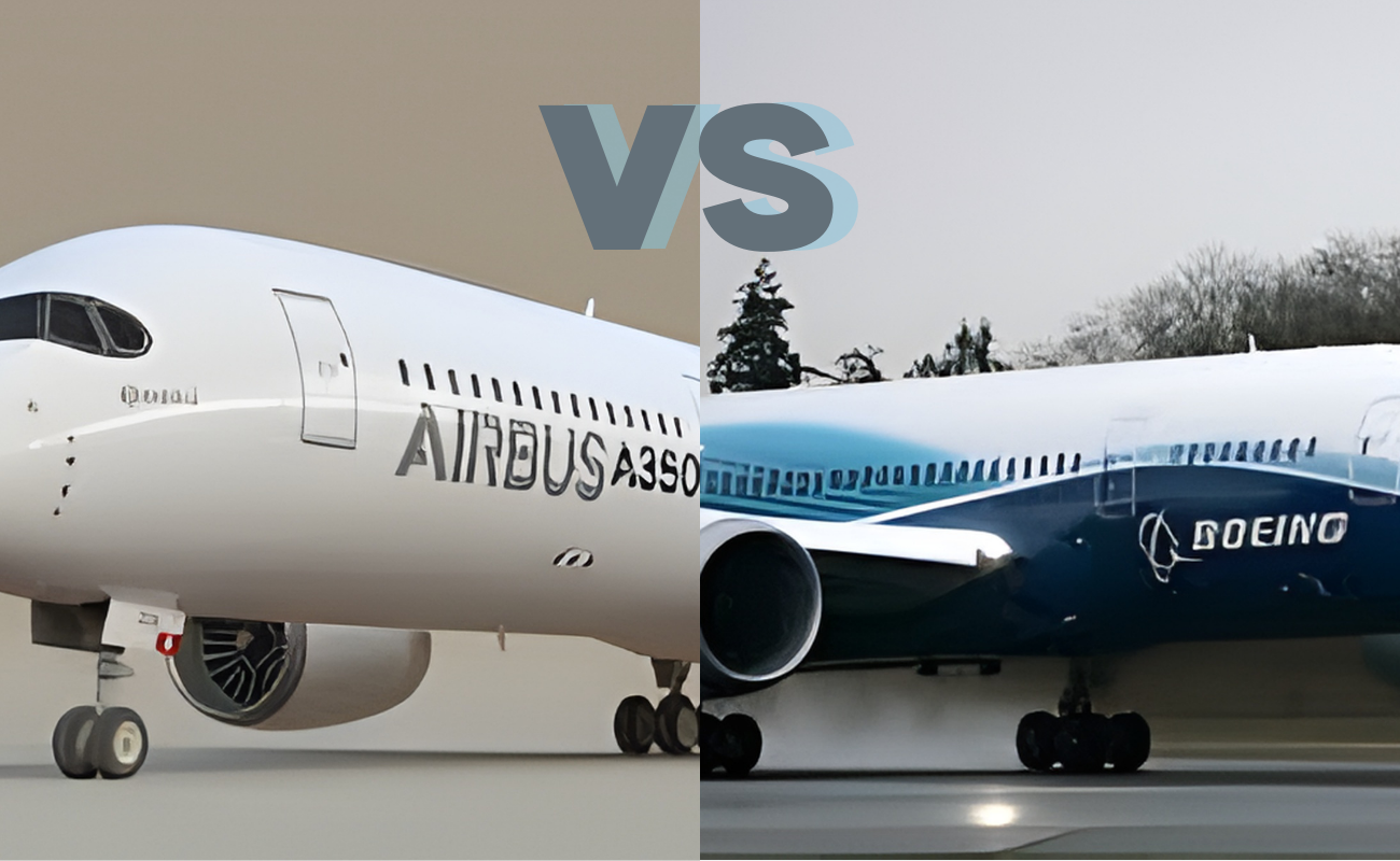 Boeing 787 Dreamliner on a wet runway under overcast skies, against Airbus A350.