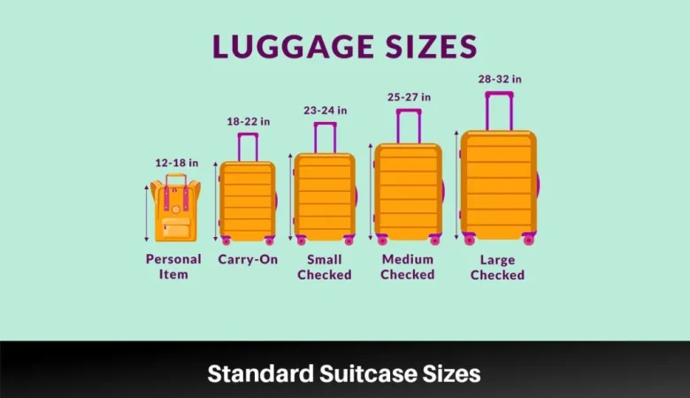 Illustration showing airline cabin and checked luggage size categories with height measurements