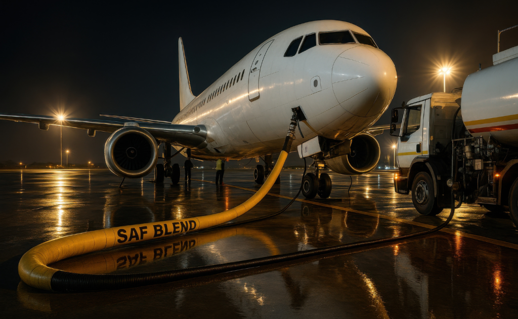 Commercial airplane refueling at night on the airport tarmac delays with sustainable aviation fuel hose attached