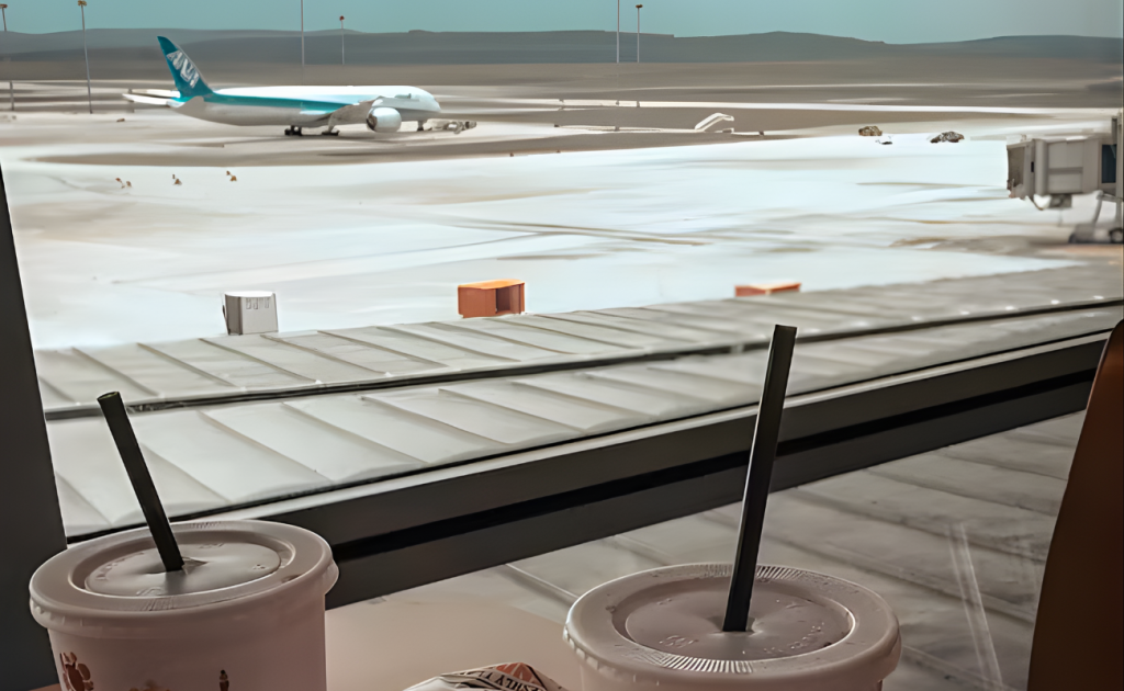 Cup of hot tea with stirrer on folded airplane tray table next to seatback pocket example of food/drinks served or allowed post-TSA.