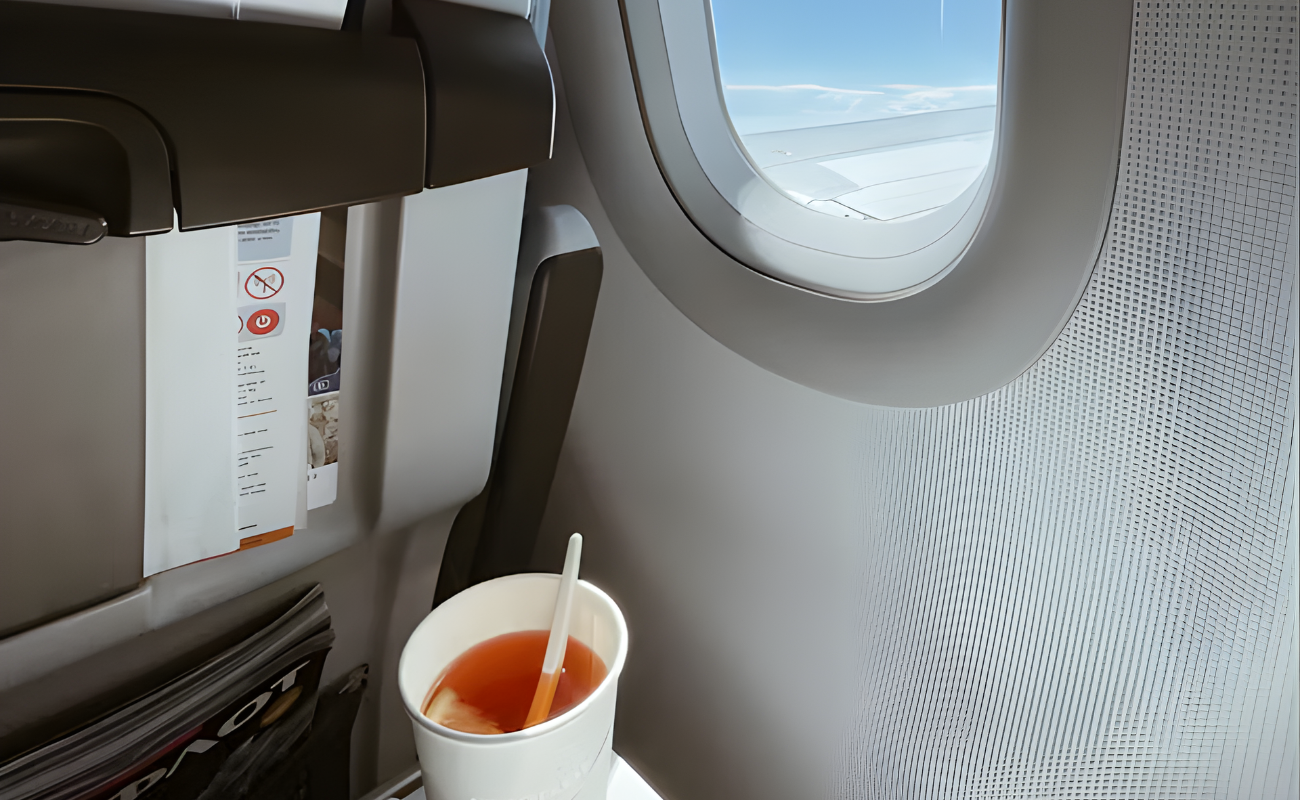 Two takeout drinks on an airport table overlooking a snowy tarmac and parked airplane reminder to finish before security when bringing food through TSA.