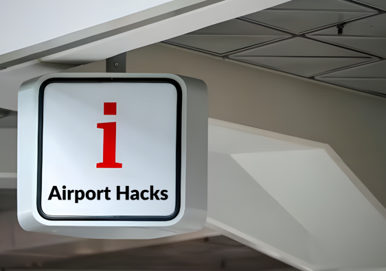 Traveler inside a modern airport terminal near departure gates, illustrating airport hacks that help save time, reduce stress, and move through airports faster.