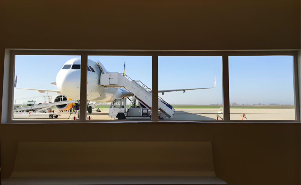 View through first class airport terminal window of a parked commercial airplane under clear blue skies.