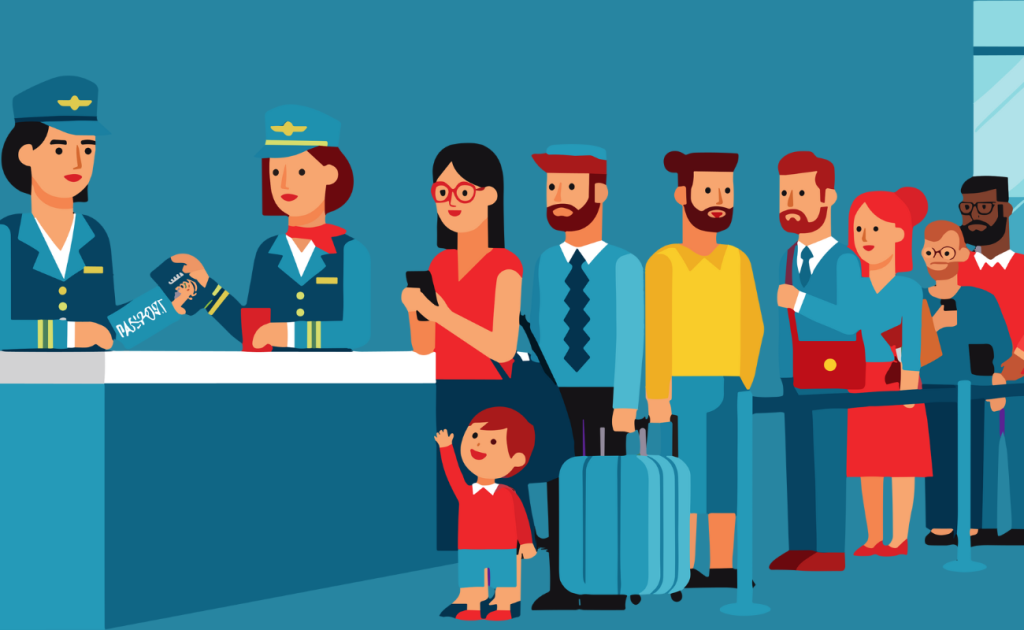 Passengers lining up early at an airport check-in counter under 2026 travel guidelines.