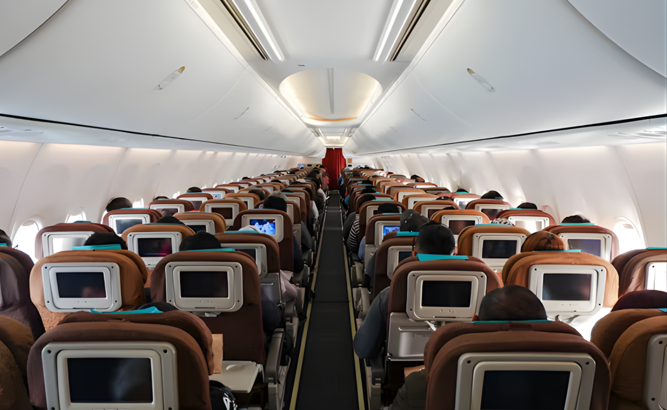 Economy cabin view with window seat on Boeing 737