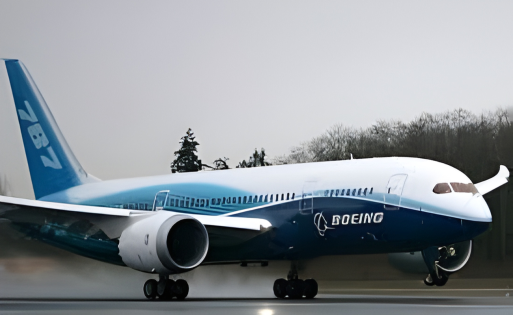 Boeing 787 Dreamliner in house livery taxiing on a wet runway under overcast skies, showcasing its composite construction and efficient design.