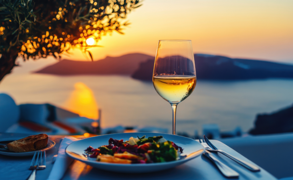 Solo traveler enjoying a simple meal and wine at sunset overlooking the sea