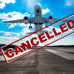 Airplane taking off from runway with cancelled return flight warning displayed