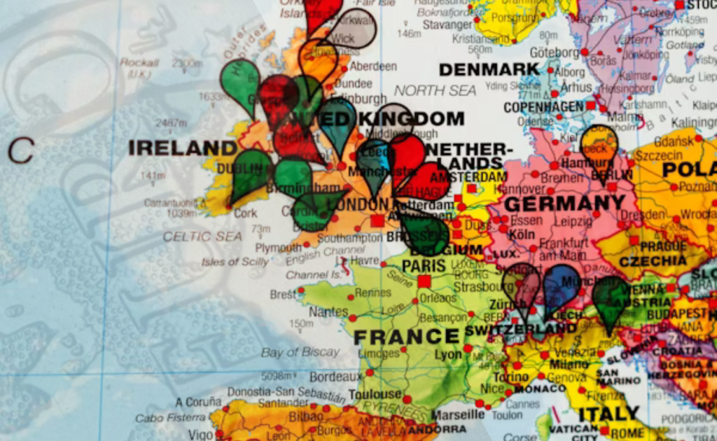distorted map of Europe with countries resized by population of major cities labeled like London, Paris, Berlin, Netherlands, Ireland, Denmark, poland, ireland, UK, switzerland and other european countries.