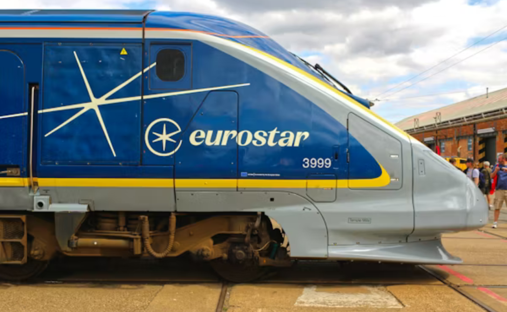 Eurostar train traveling London to Paris seen from a window seat