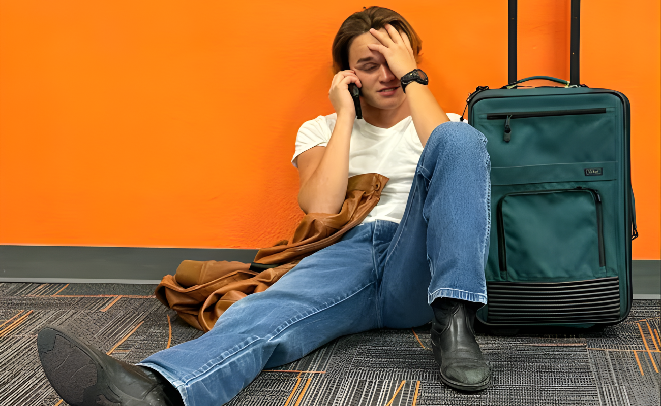 Frustrated traveler sitting on airport floor with suitcase, hand on forehead while on phone, illustrating hidden airline fees stress.
