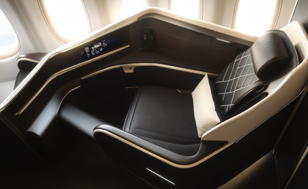 Extra legroom airline seat in premium economy cabin with larger seat pitch and personal screen