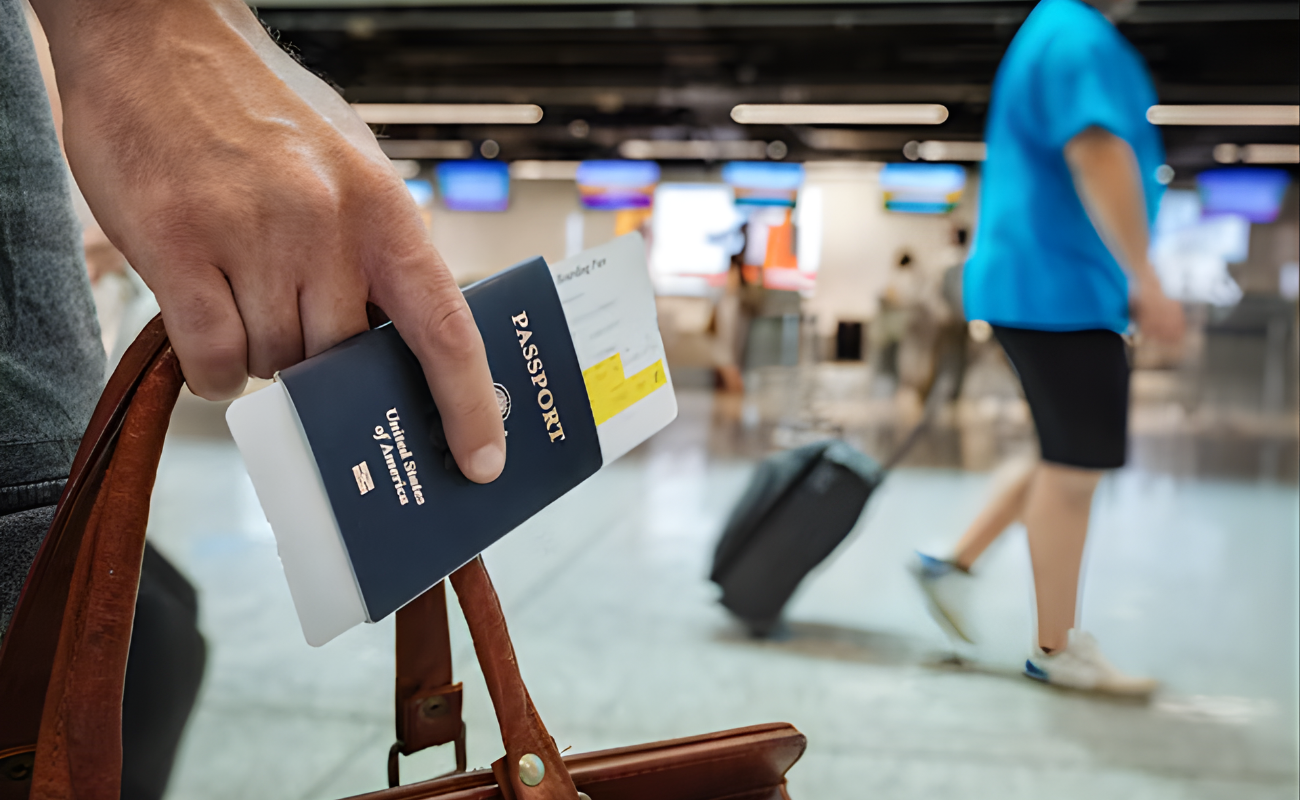 Hand holding U.S. passport with boarding pass tucked in, luggage handle in grip, blurred airport terminal background.