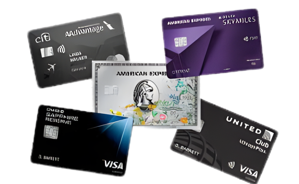 Array of premium credit cards fanned out, including American Express Platinum, Capital One Venture X, Chase Sapphire Reserve, United Club Infinite, and Visa Infinite cards top choices for airport lounge access.