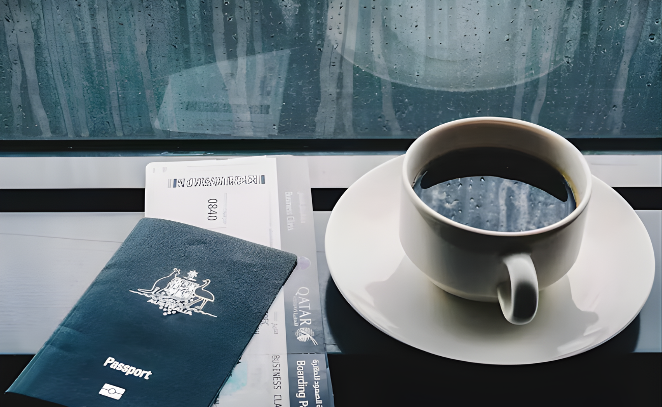 Boarding pass and passport by a window seat with coffee