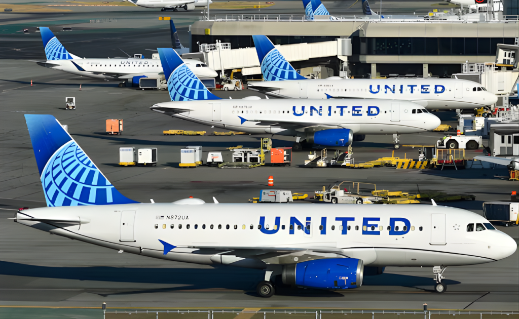 Several United Airlines aircraft parked at airport gates with iconic globe tails, ground support equipment visible on the tarmac