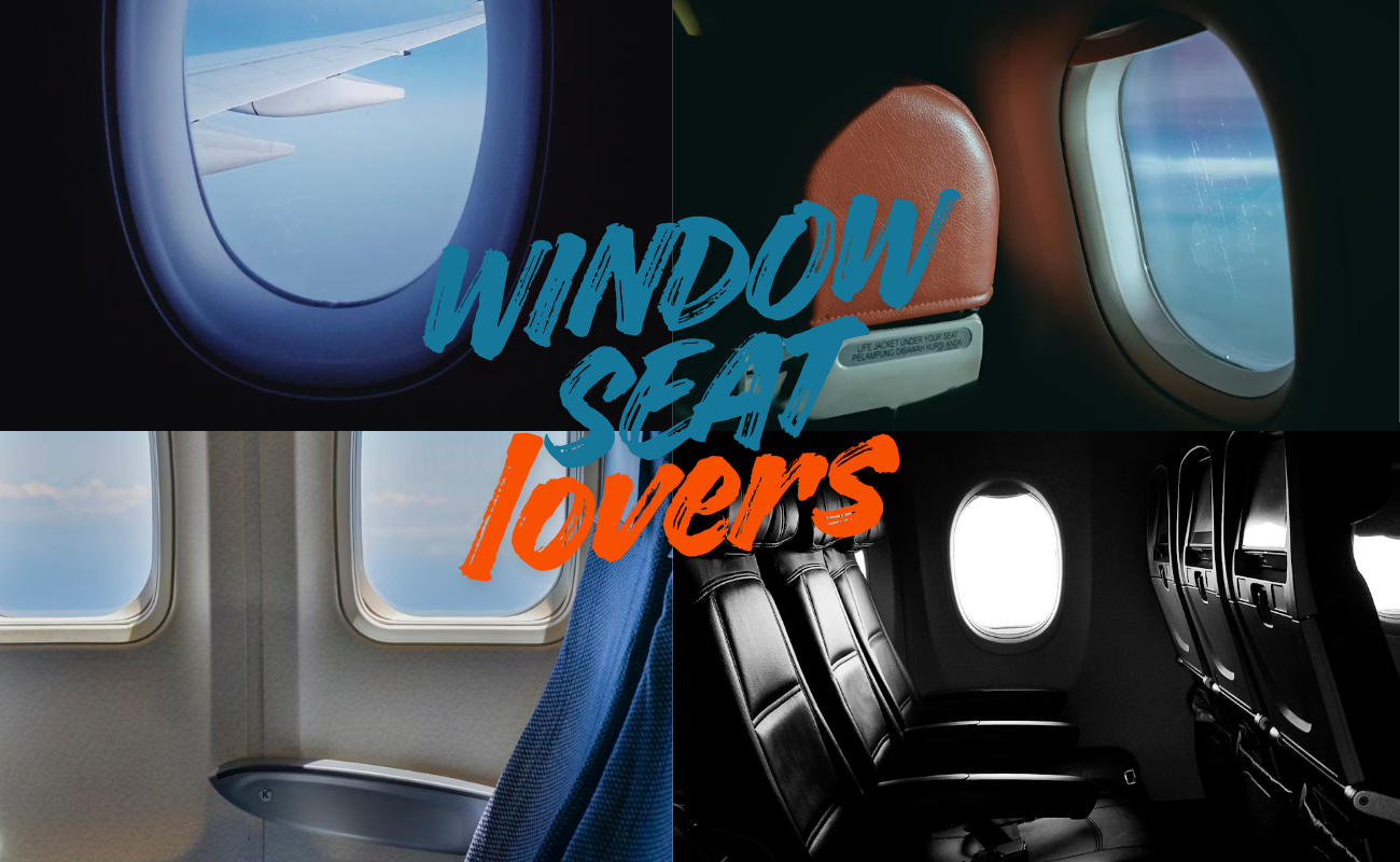 Window seat view from airplane showing wing and blue sky