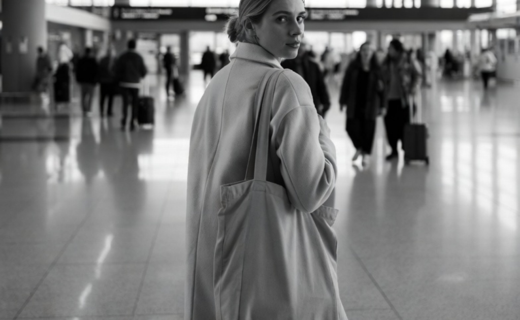 Traveler carrying a tote bag in an airport terminal under 2026 airline personal item rules.