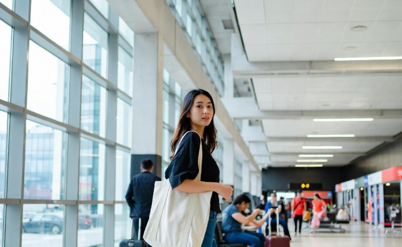Traveler carrying a tote bag in an airport terminal under 2026 airline personal item rules.