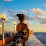 Solo traveler standing on cruise ship deck overlooking the South Atlantic Ocean