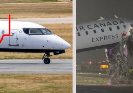 Air Canada Express jet nose before and after collision showing severe front fuselage damage