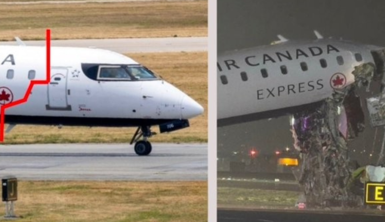 Air Canada Express jet nose before and after collision showing severe front fuselage damage