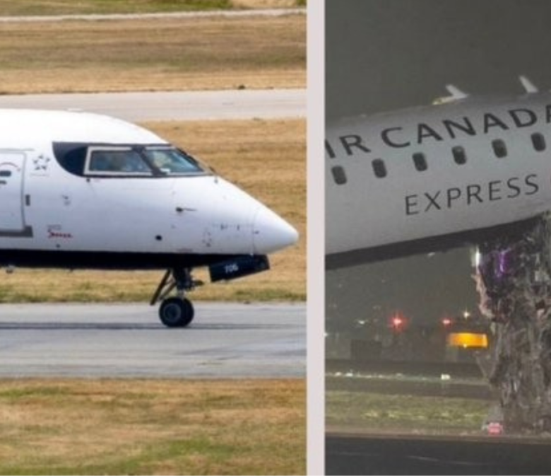 Air Canada Express jet nose before and after collision showing severe front fuselage damage