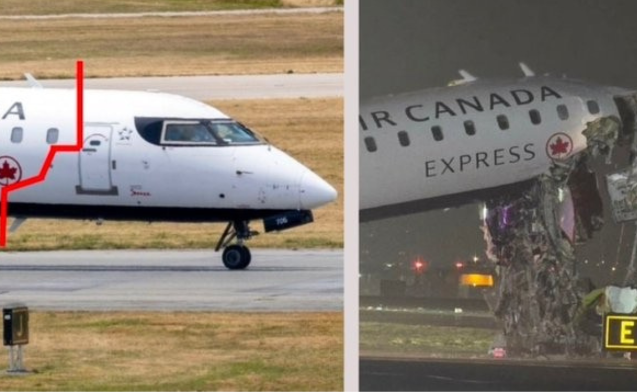 Air Canada Express jet nose before and after collision showing severe front fuselage damage